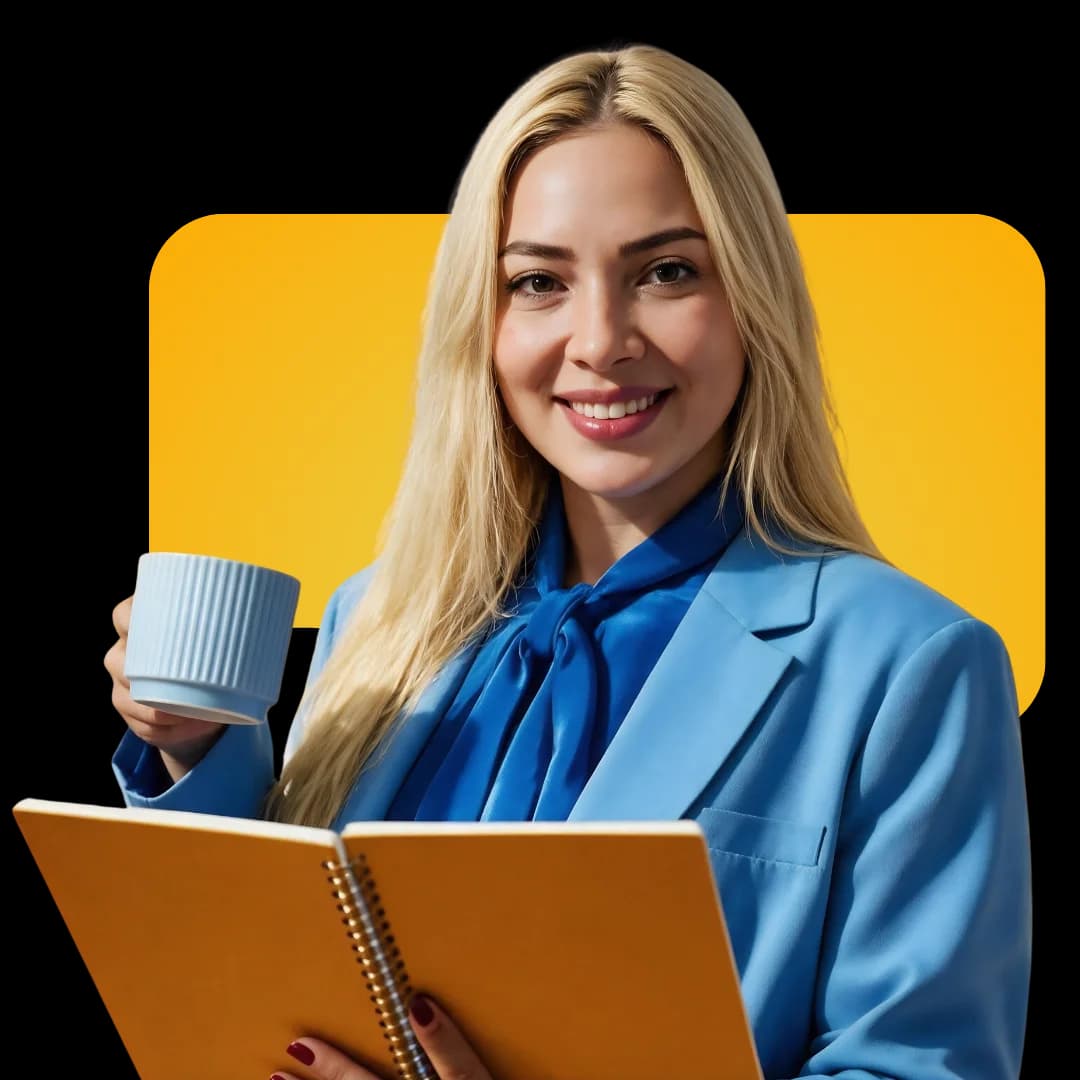 Executiva sorrindo, segurando uma xícara em uma mão e um caderno aberto na outra