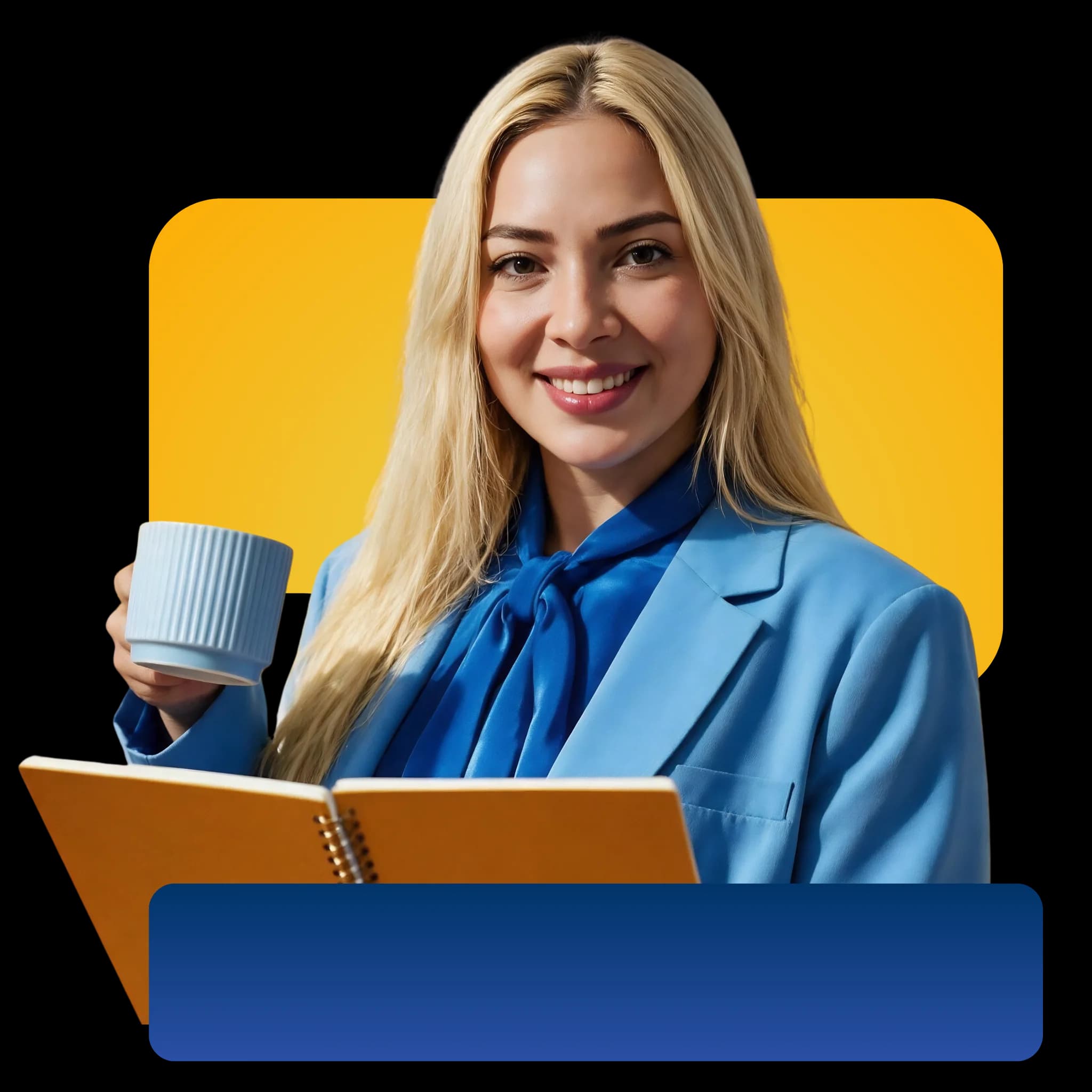Executiva sorrindo, segurando uma xícara em uma mão e um caderno aberto na outra